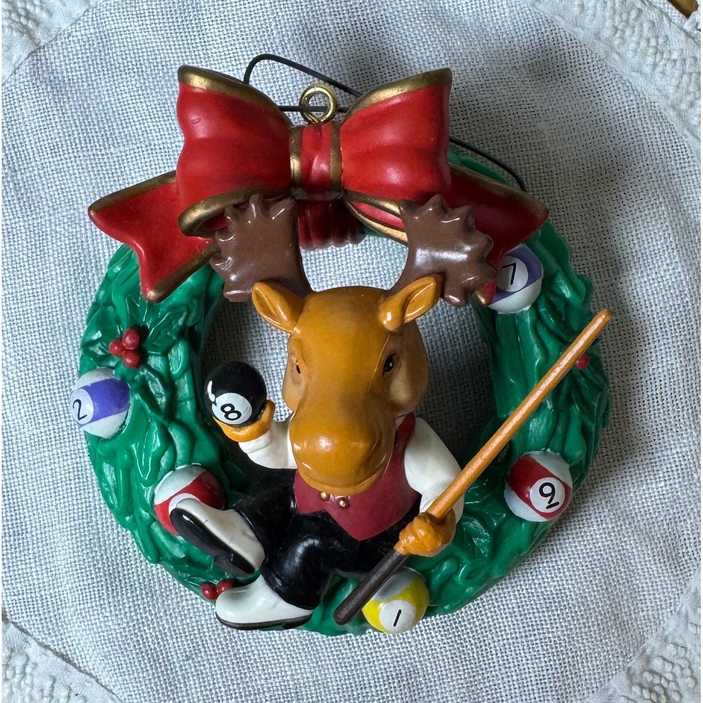Billiards Pool Player Moose Christmas Wreath Ornament 8 Ball Sports Decor 3"